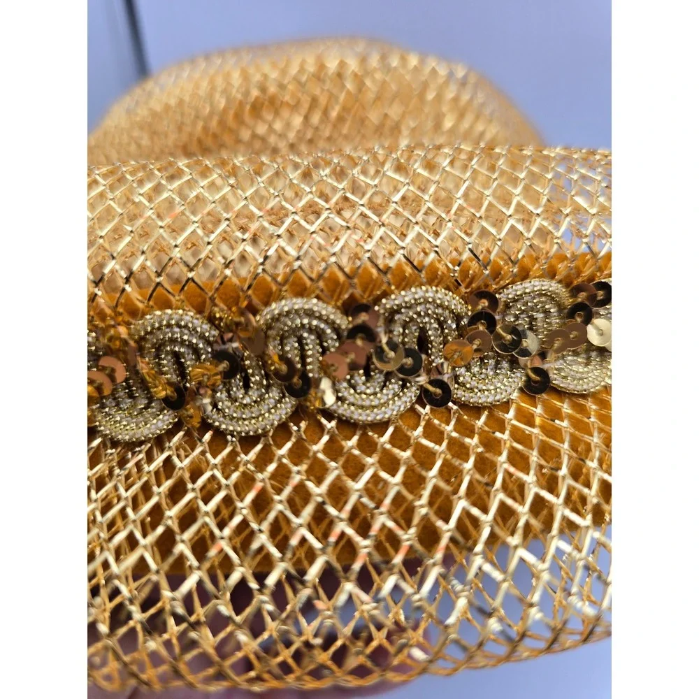 Vintage‎ Pillbox Hat Women OS Mustard Yellow Excellent Gold Mesh Sequin ,Wool